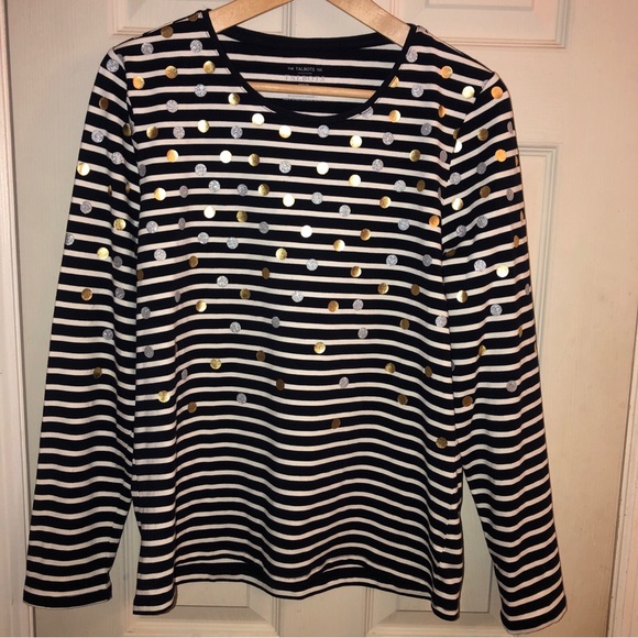 Talbots. Talbots tee long sleeved navy French strip with pretty sprinkled dots - Picture 2 of 9